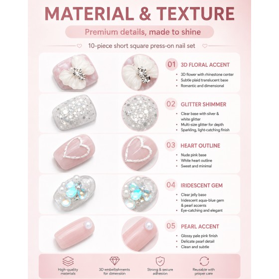 Nude‑Pink Short Square Press‑On Nails, Gentle Style False Nails with 3D Flowers, Hearts, Pearls & Glitter Rhinestones